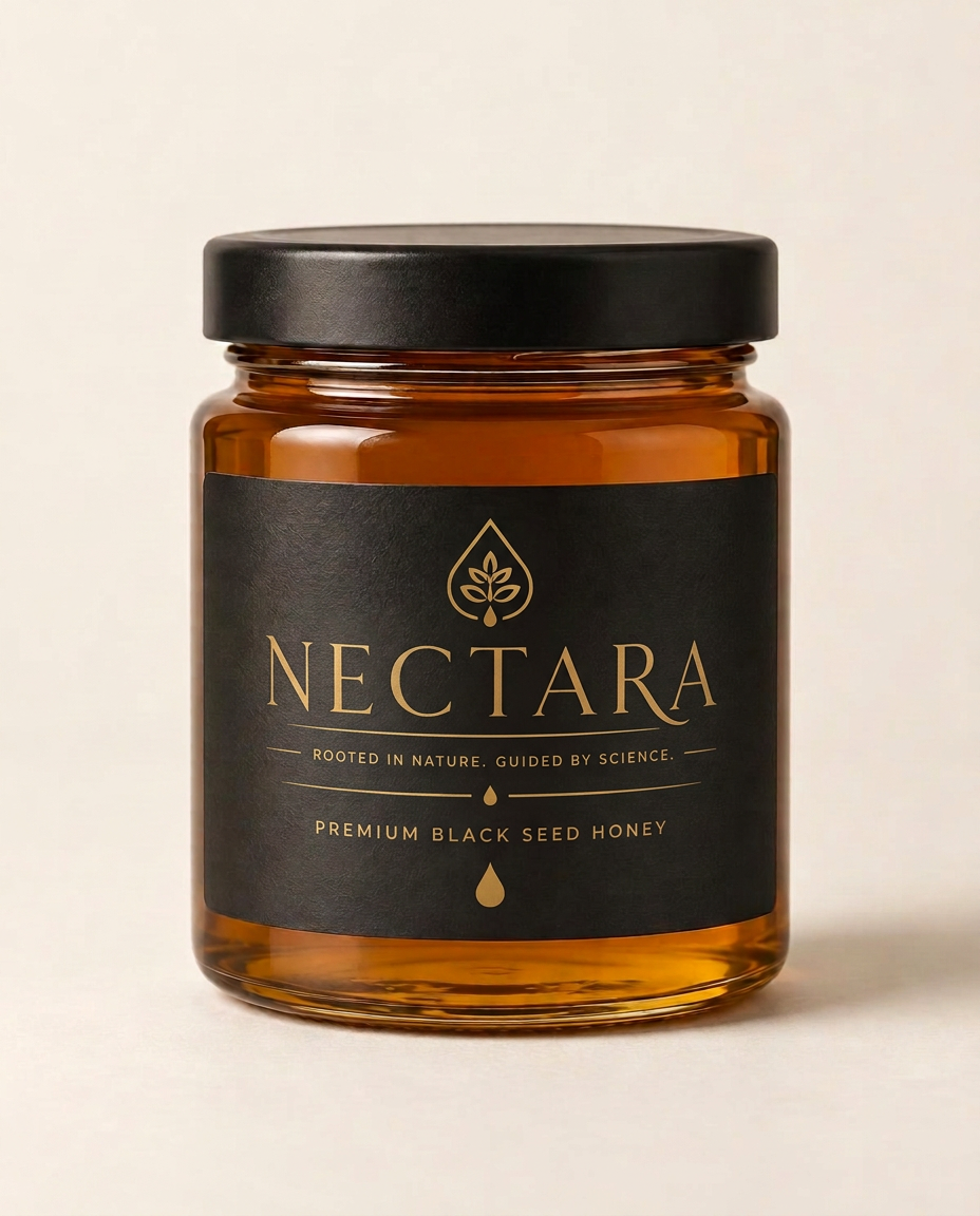 The first Nectara honey in its amber glass jar